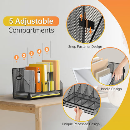 Docnest Desk File Holder Sorter, 4 Vertical Compartments Rack with Letter Tray, Mesh Magazine File Holder with Handle,Workspace Organizers,Desk Organizers for Paper, Mail, Documents-Black