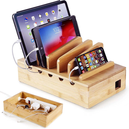 Modern Innovations Bamboo Charging Station for Multiple Devices (White) Wood Device Organizer, Desk Docking Stand for Cell-Phone Charger, Compatible with Apple, Android, iPad, iPhone, Tablet, Laptop
