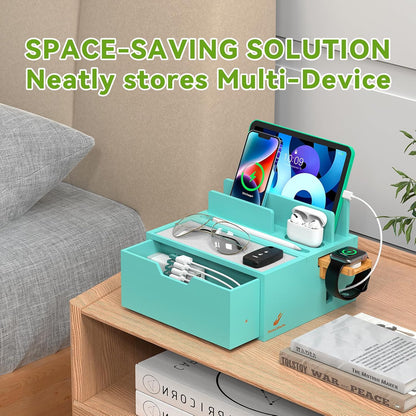 Pezin & Hulin Bamboo Charging Station for Multi Device, with Power Charger & Cables, Nightstand Docking Station with Lined Tray & Drawer, Compatible with Tablet, Cell Phones