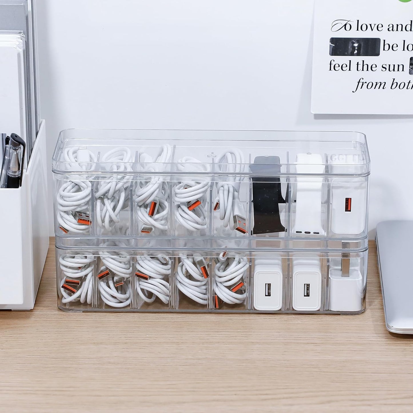 Cord Storage Organizer for Desk Drawer, Plastic Adjustable Cable Organizer Box with Lid and Wire Ties, Clear Phone Charger Case for Home Office