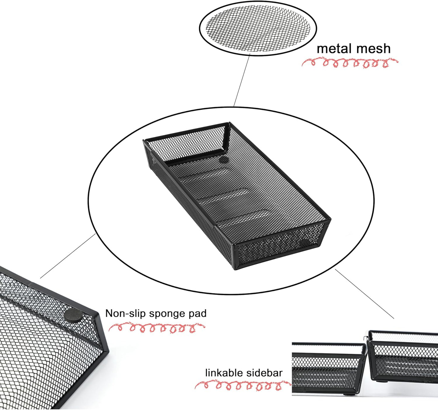 Mesh Tray Silverware Drawer Organizer, Utensil Cutlery Tray Office Supplies with Interlocking Arm Drawer Dividers Organizer for Flatware, Knives,Home,Office, School,Bedroom 12X6'' Black