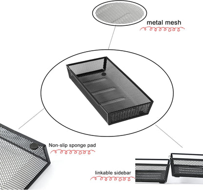 Mesh Tray Silverware Drawer Organizer, Utensil Cutlery Tray Office Supplies with Interlocking Arm Drawer Dividers Organizer for Flatware, Knives,Home,Office, School,Bedroom 12X6'' Black