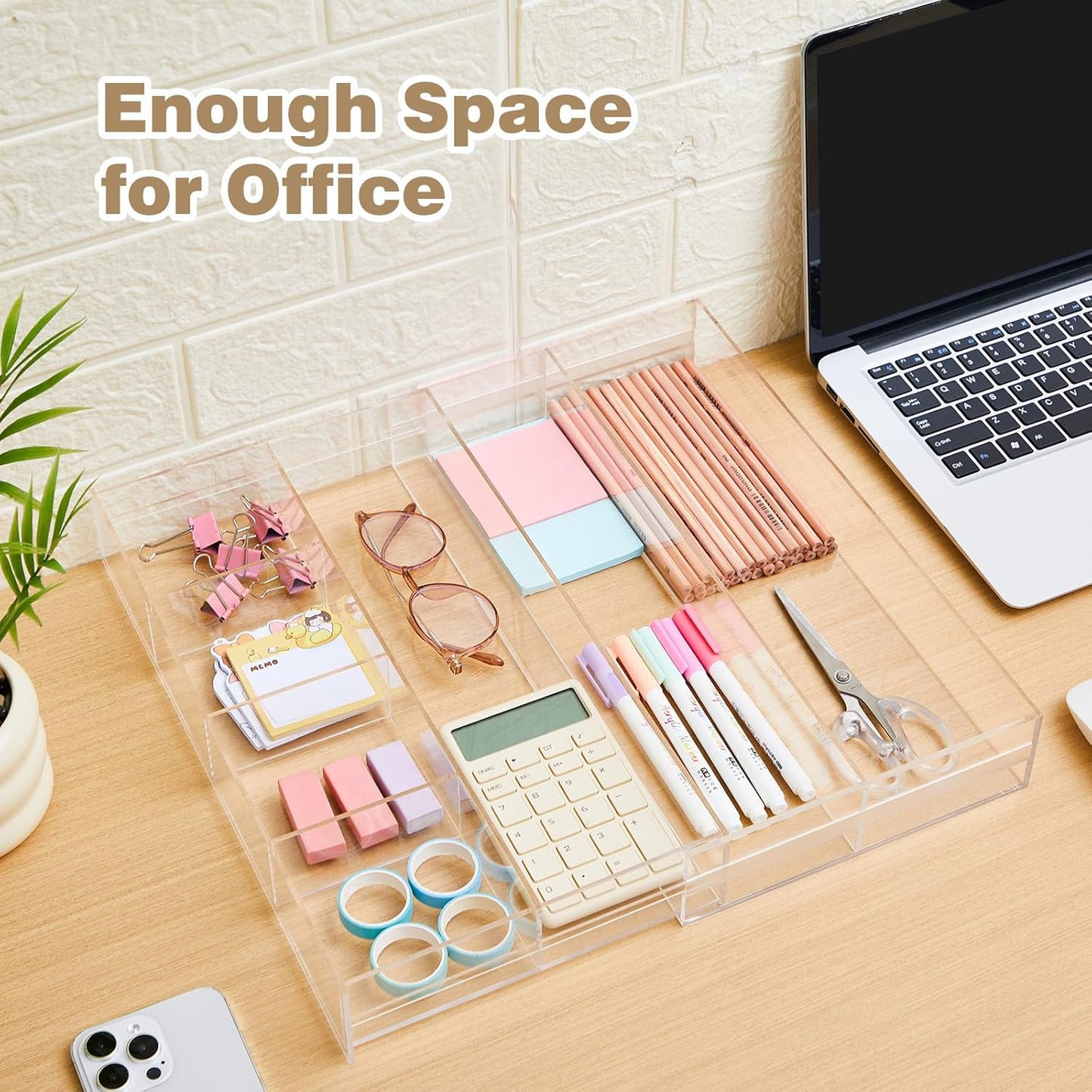 Briwooody 1 Pcs Acrylic Desk Drawer Organizer 9'' up to 16'' x 12'' x 2.2'' Expandable Drawer Organizer Trays with 10 Adjustable Compartments Clear Desk Accessories for Makeup Office Bathroom