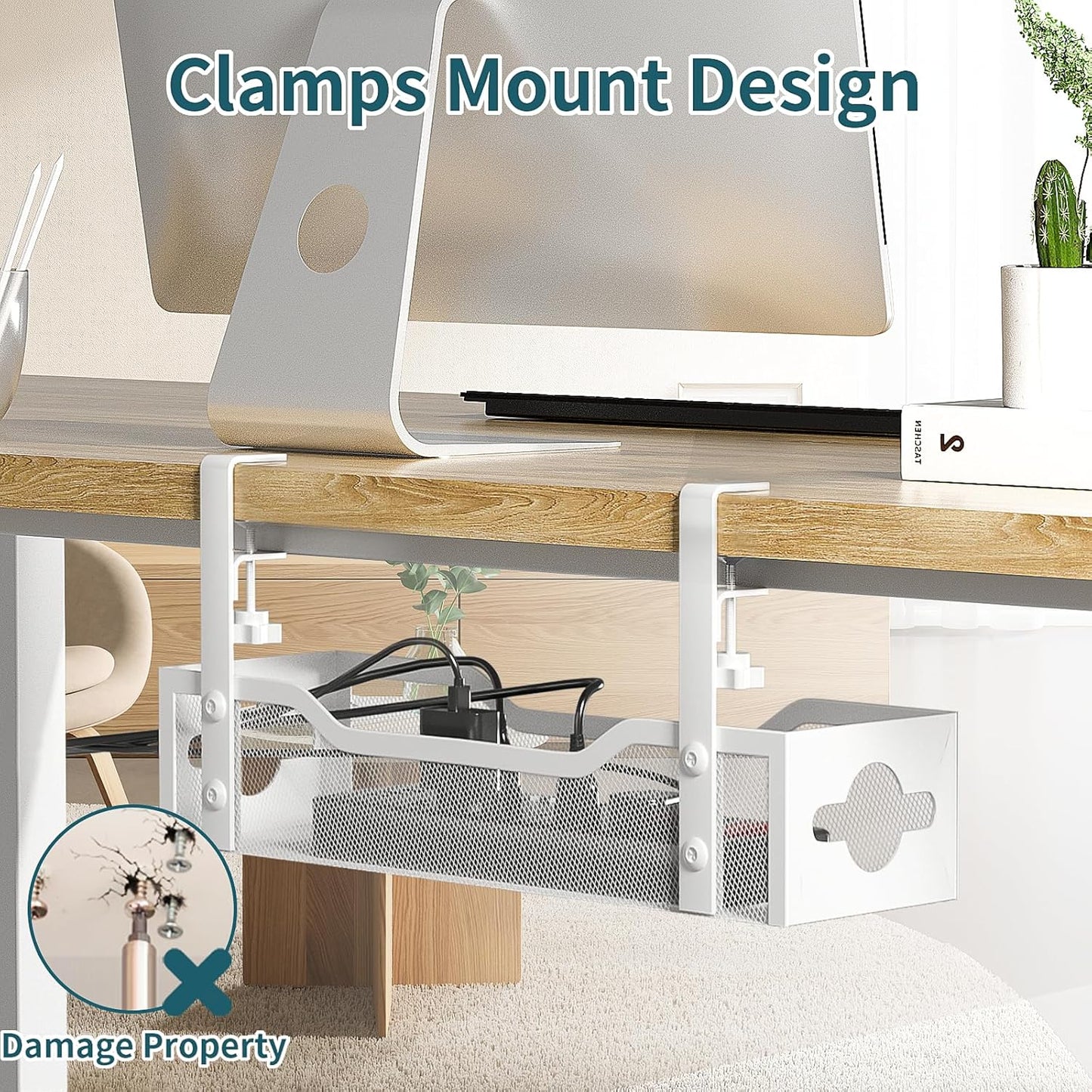 Under Desk Cable Management Tray No Drill, Metal Mesh Cable Management Under Desk with Clamp Mount, 2 Hole Cable Tray with Wire Management and Cord Organizer for Home Office Standing Desk
