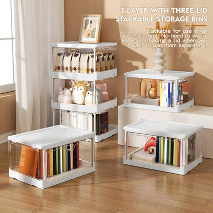 Kmiectse Clear Storage Bins with Lids - 4 Tier Plastic Bins with Wheels, Stackable Storage Bin, Closet Organizers Box for Bedroom, Living Room, 23 QT Folding Box with Magnetic door