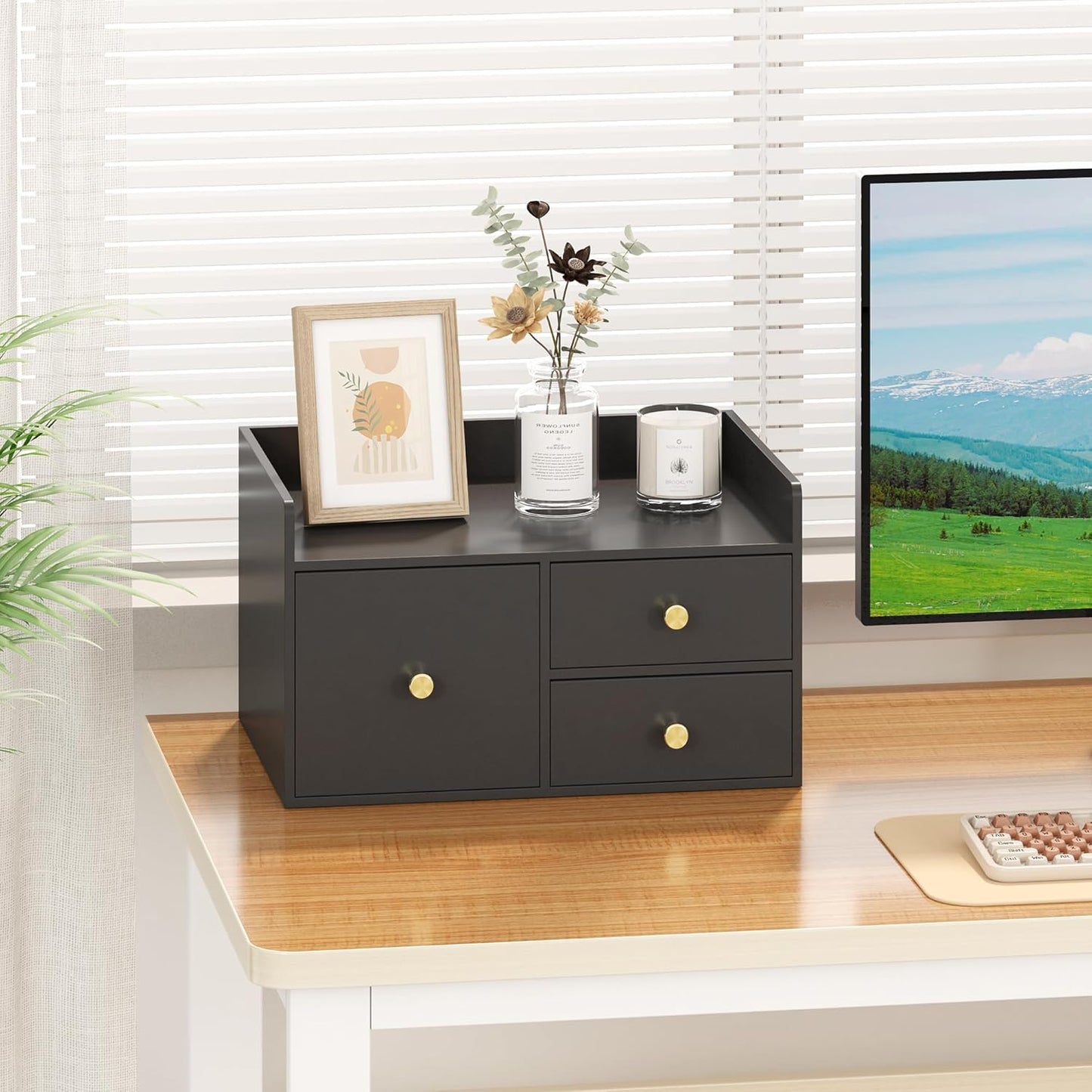 Bamboo Desk Organizer with Drawers Wooden Desktop Storage Organization Box for Bills Office Supplies Kitchen Utensils Organizing Tool for Home Classroom Vanity, No Assembly Required (3 Drawer, Black)