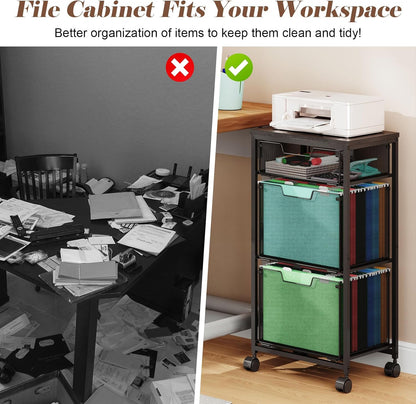 Sbanmao Rolling File Cart with 2 Storage Drawers, Mobile File Cabinet with Wheels, Hanging File Folder Organizer, Under Desk Storage, Printer Stand Utility Cart Filing Cabinet for Home Office,Black