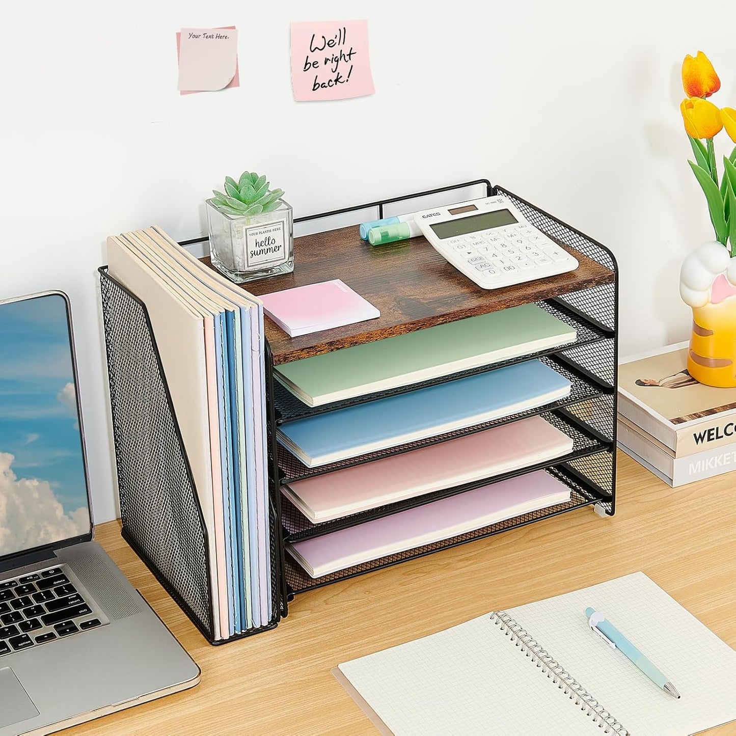 OPNICE Desk Organizer, 5-Tier Paper Organizer Letter Tray with Magazine Holder, Office Desk Accessories & Workspace Organizers, Desktop File Organizer for Office Supplies Storage, Black