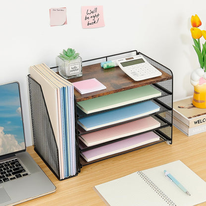 OPNICE Desk Organizer, 5-Tier Paper Organizer Letter Tray with Magazine Holder, Office Desk Accessories & Workspace Organizers, Desktop File Organizer for Office Supplies Storage, Black