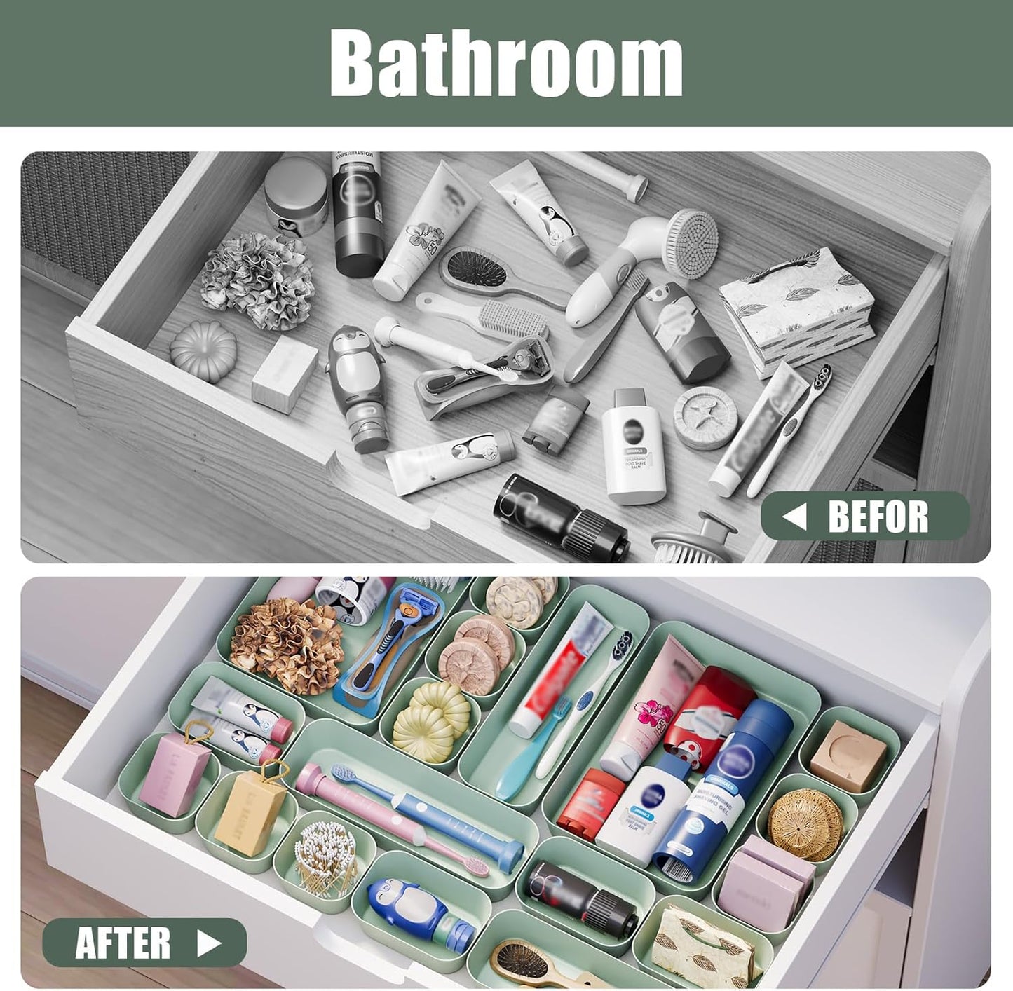 Plastic Drawer Organizers, 10 PCS Drawer Organizer Bins, Bathroom and Vanity Organizer Plastic Tray, Makeup organizer and storage for Makeup, Bedroom, Kitchen Gadgets Utensils and Office (Green)