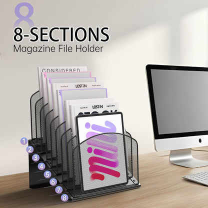 Inclined Desk File Organizer Metal Desk Magazine Folder Holder with 8-Section Vertical Compartments Rack File Organizer for Office, Home, School, Black