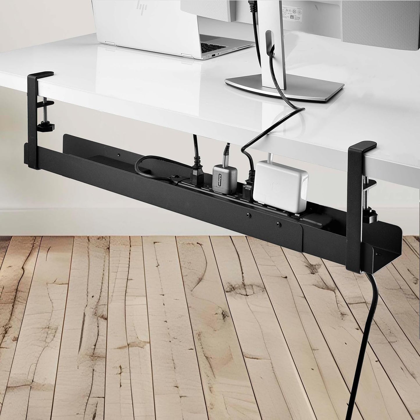 StarTech.com Under Desk Cable Management Tray - Office/Standing Desk Cable Tray Organizer - Desk/Table Mount Holder for Cords/Wire/Power Strip - Computer Cable Manager - 23-1/2"L x 4-1/2"D (UDCMTRAY)