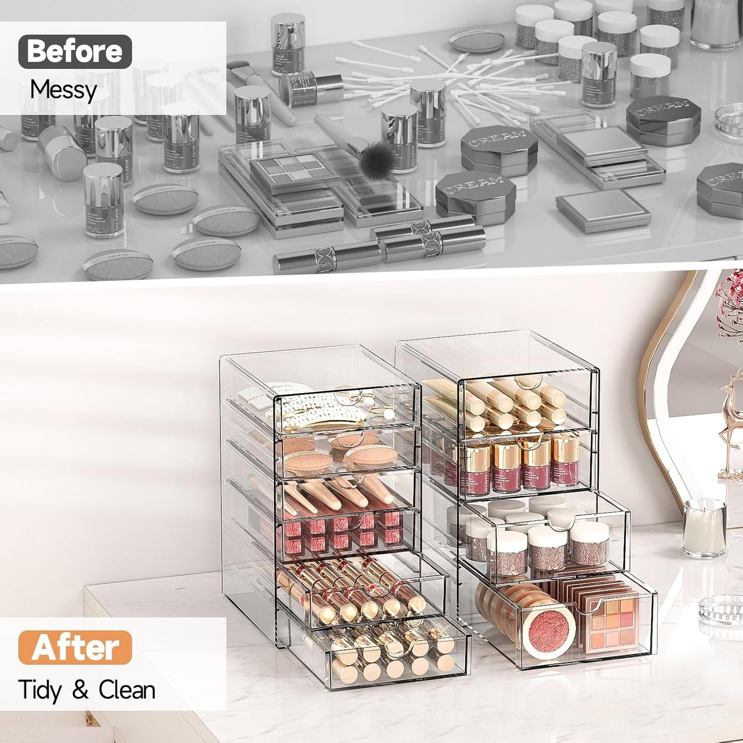 Makeup Drawer Storage Organizer with 24 Drawers, 4 Set Acrylic Office Desk Organization and Storage, Dustproof Drawer Organizer for Makeup, Office, Countertop, Jewelry, Pen, Desktop, Bathroom, Bedroom