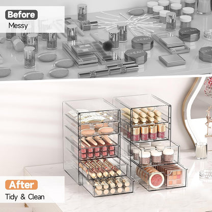 Makeup Drawer Storage Organizer with 24 Drawers, 4 Set Acrylic Office Desk Organization and Storage, Dustproof Drawer Organizer for Makeup, Office, Countertop, Jewelry, Pen, Desktop, Bathroom, Bedroom