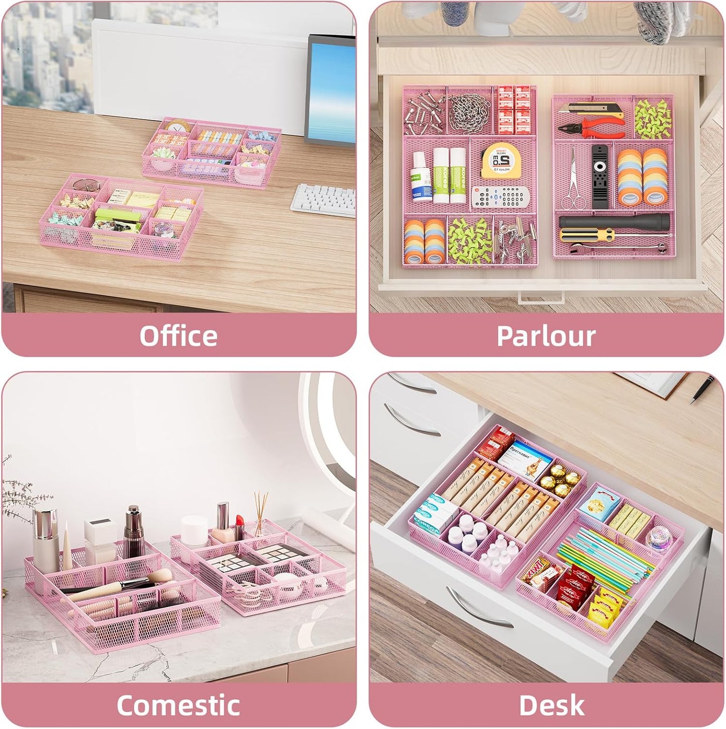 Marbrasse 2 Pack Desk Drawer Organizer, Mesh Drawer Organizer Tray with 8 Adjustable Compartments, Desk Organizers and Accessories, 5 Dividers Drawer for Office Supplies, Makeup & Vanity (Black)