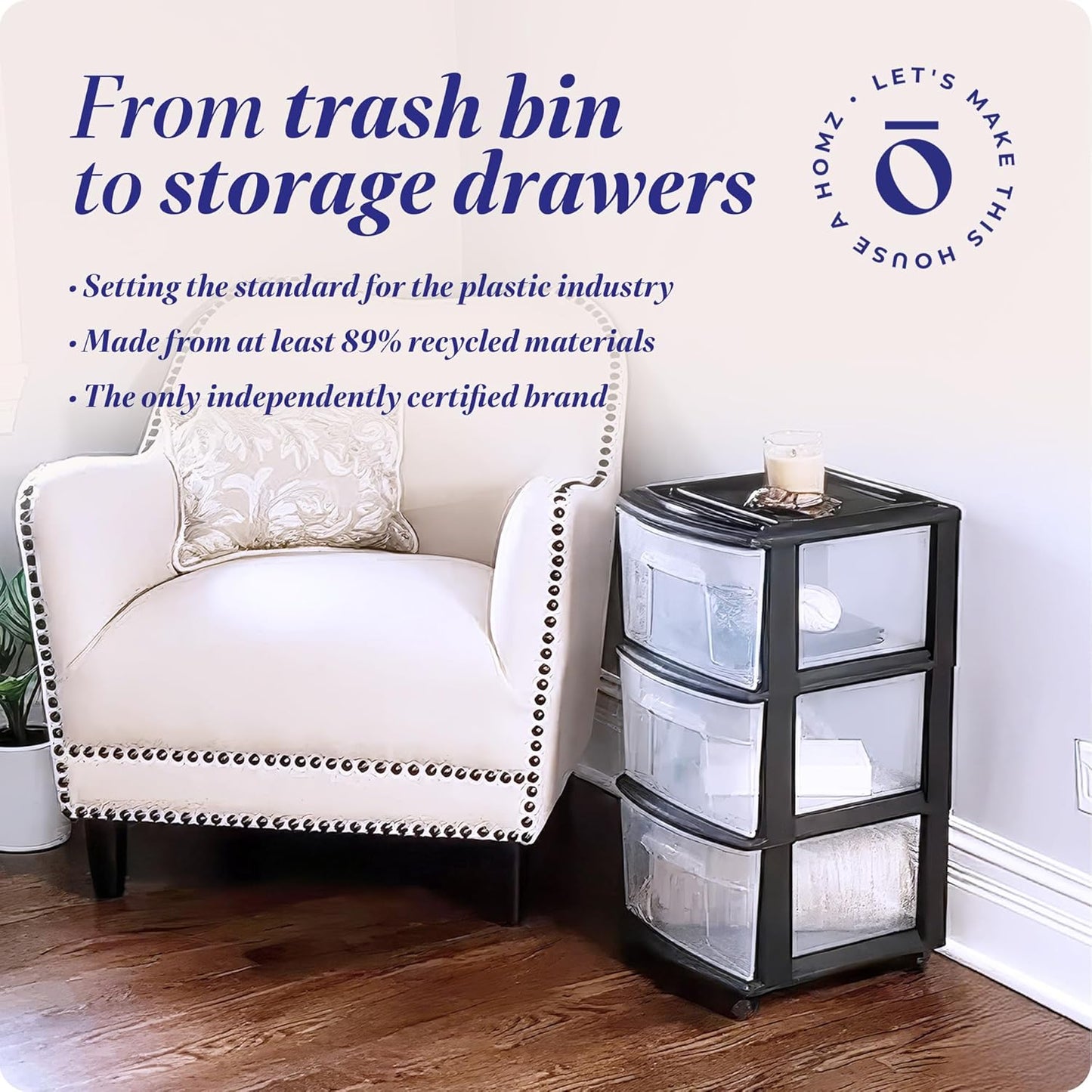 HOMZ Drawer Tower, 3-Tier Rolling Storage Cart with Removable Wheels, White Frame – Plastic Organizer with Clear Bin Drawers for Bedroom, Bathroom, Home Office, and Dorm Room