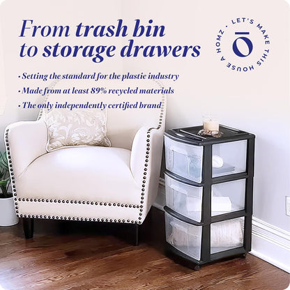 HOMZ Drawer Tower, 3-Tier Rolling Storage Cart with Removable Wheels, White Frame – Plastic Organizer with Clear Bin Drawers for Bedroom, Bathroom, Home Office, and Dorm Room