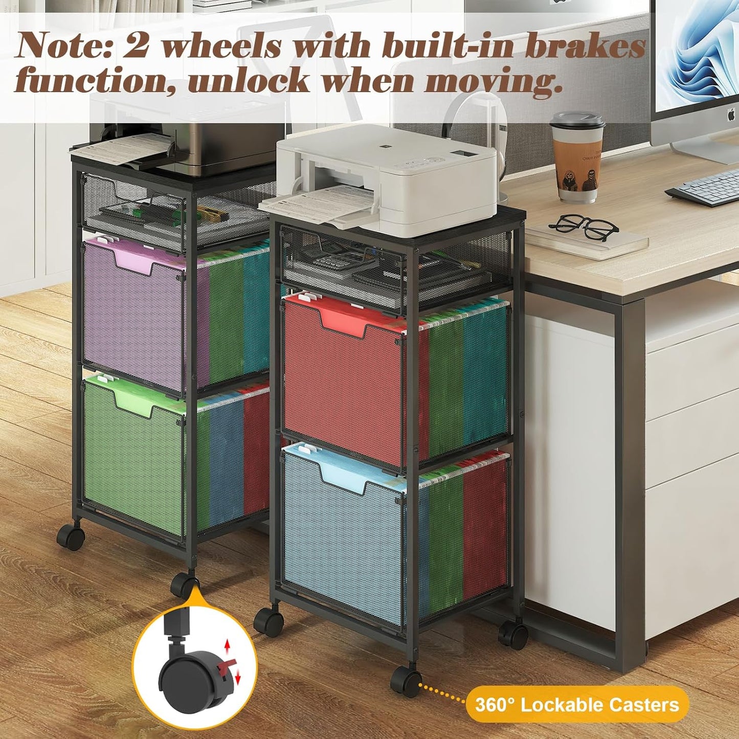 Sbanmao Rolling File Cart with 2 Storage Drawers, Mobile File Cabinet with Wheels, Hanging File Folder Organizer, Under Desk Storage, Printer Stand Utility Cart Filing Cabinet for Home Office,Black
