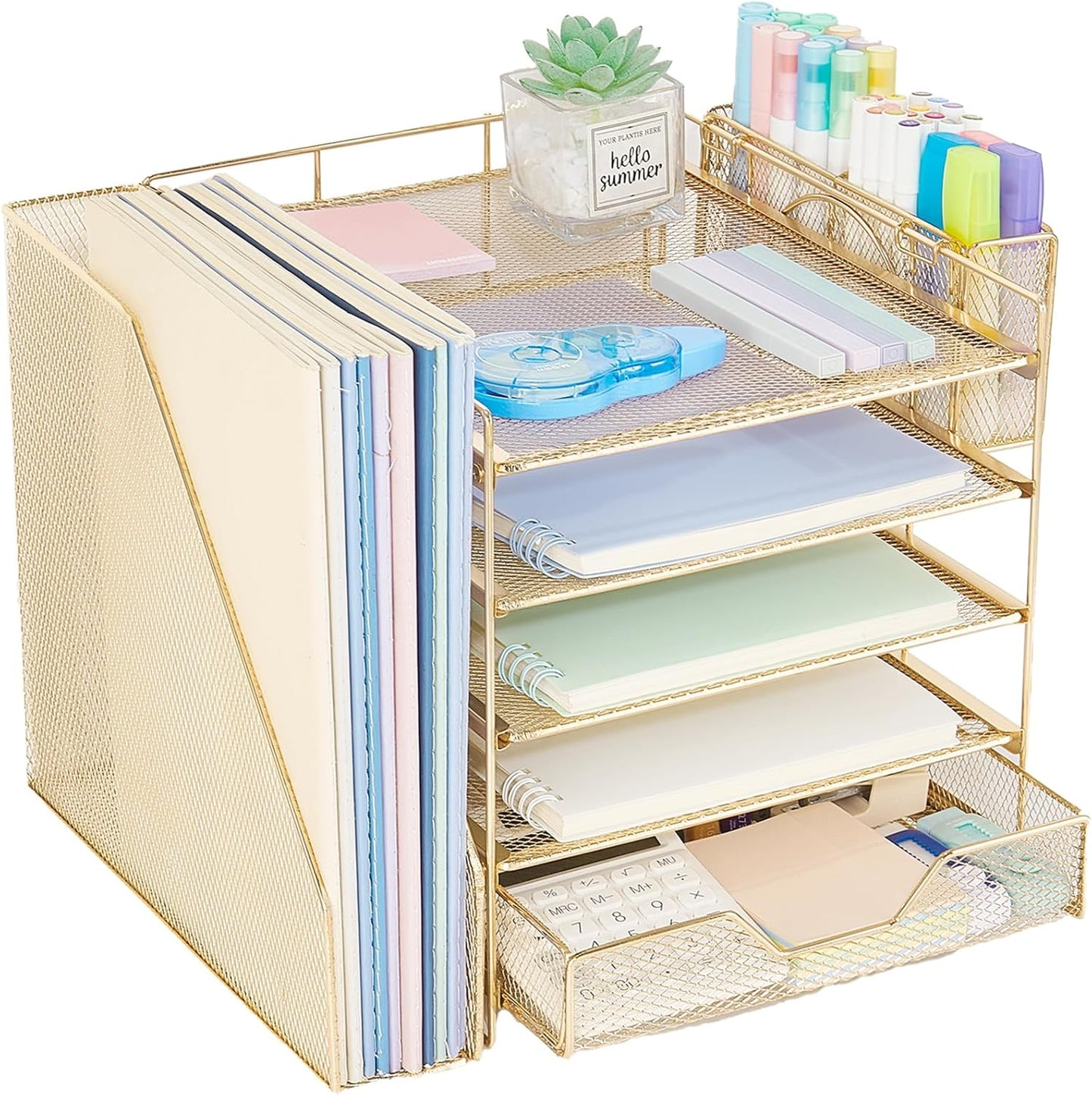 Desk Organizer, 5-Tier Paper Letter Tray Organizer with File Holder, Drawer and Pen Holder, Desktop Organizer for Office Supplies, Black
