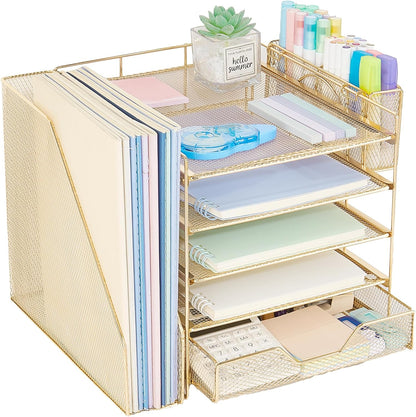 Desk Organizer, 5-Tier Paper Letter Tray Organizer with File Holder, Drawer and Pen Holder, Desktop Organizer for Office Supplies, Black