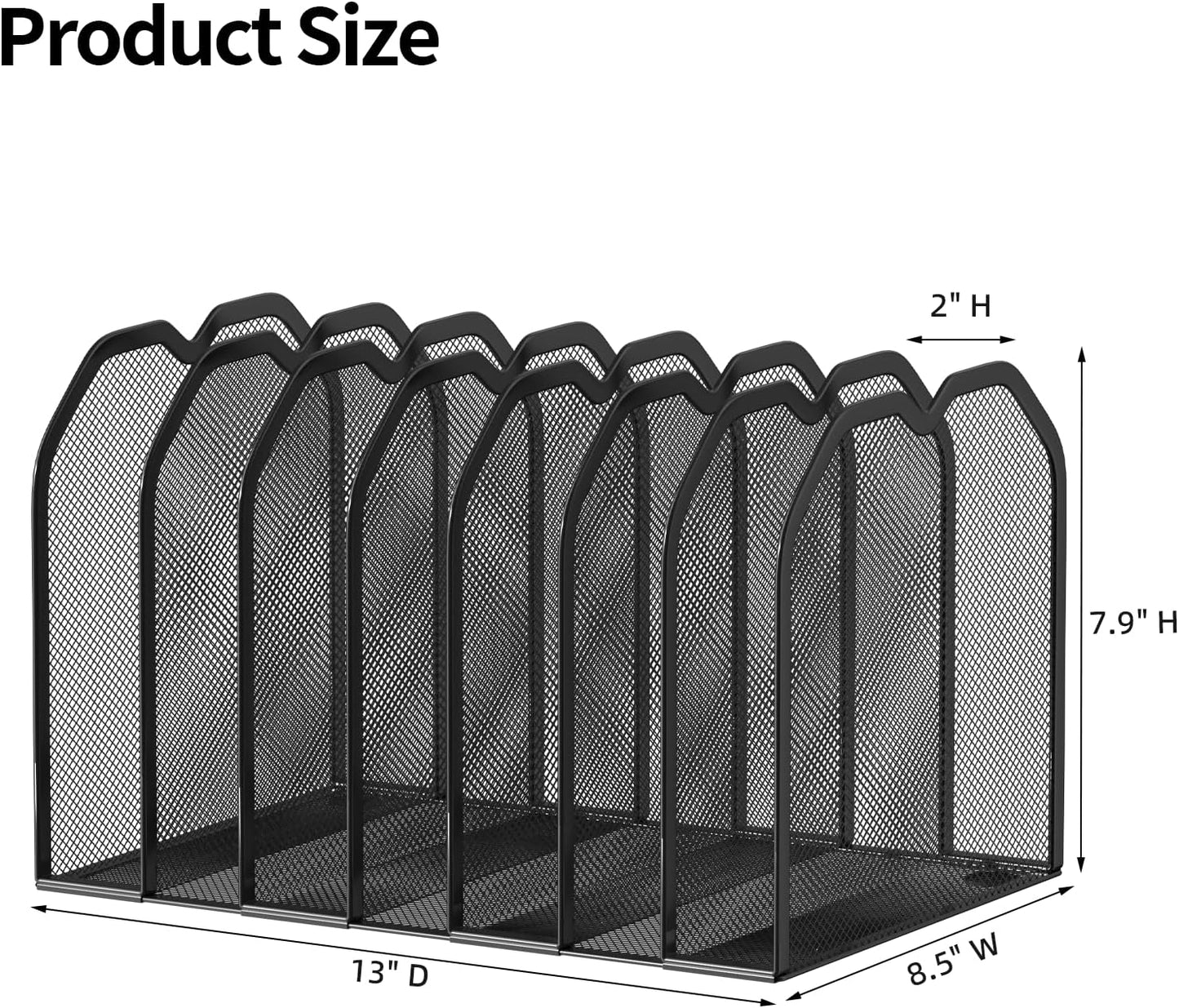FANXIYQ Metal 7-Section File Folder Organizer for Desk | Vertical Office File Holder | Heavy-Duty Mesh Document Sorter for Books, Binders, Laptops | Black Desk Organizer (12.8”x8.5”x7.9”)