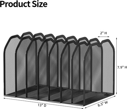FANXIYQ Metal 7-Section File Folder Organizer for Desk | Vertical Office File Holder | Heavy-Duty Mesh Document Sorter for Books, Binders, Laptops | Black Desk Organizer (12.8”x8.5”x7.9”)