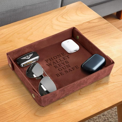 Engraved Leather Valet Tray for Men – Personalized Catchall with Custom Name for Desk, Dresser, Nightstand – Men's Organizer Tray for Keys, Wallet, Jewelry, Personalized Gift for Home, Office - Coffee