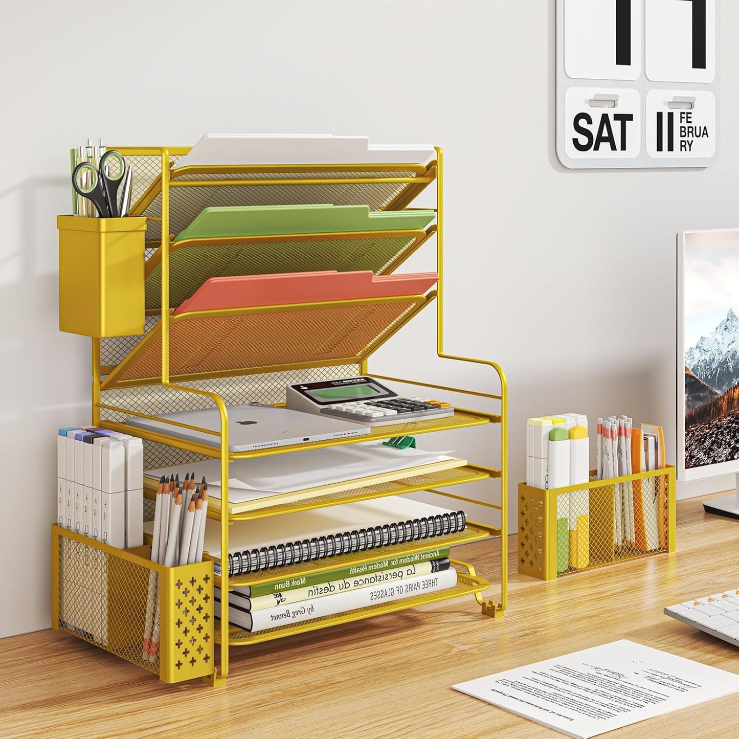 Simple Trending 7 Tier Desk File Organizer, Letter Tray Paper Organizer with Pen Holder and Metal Hanging Basket, Black