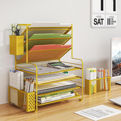 Simple Trending 7 Tier Desk File Organizer, Letter Tray Paper Organizer with Pen Holder and Metal Hanging Basket, Black