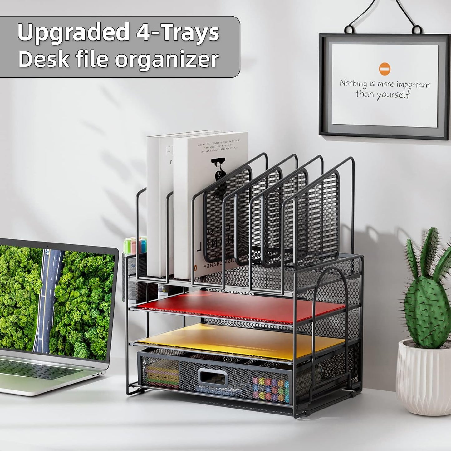 Marbrasse Desk Organizer with Drawer, 4-Tier Mesh File Organizer with 5 Vertical File Holders and 2 Pen Holders, Multifunction Desktop Organizer,Desk Organizers and Accessories for Home Office