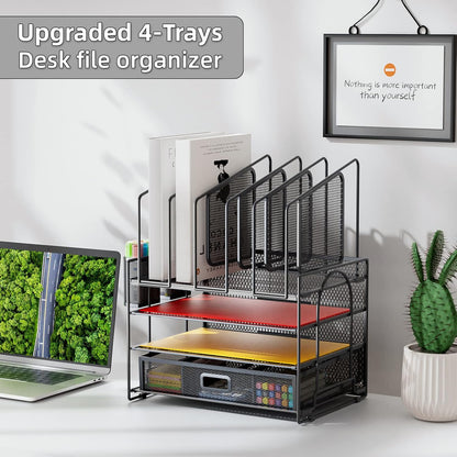 Marbrasse Desk Organizer with Drawer, 4-Tier Mesh File Organizer with 5 Vertical File Holders and 2 Pen Holders, Multifunction Desktop Organizer,Desk Organizers and Accessories for Home Office