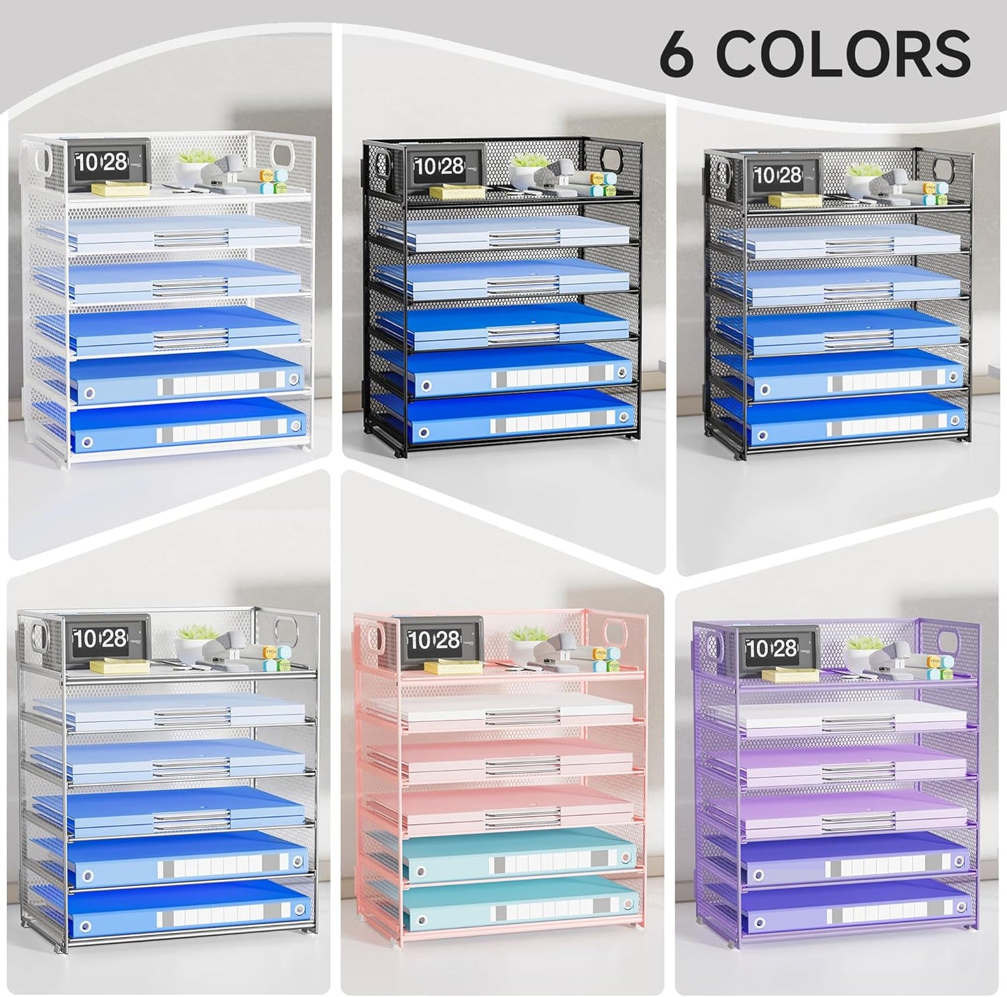 Paper Organizer Letter Tray with Handle, 5-Tier Black Stackable Desk Organizer with Metal Mesh, Sturdy Paper Tray for Office Desk, Home & Classroom Supplies Storage