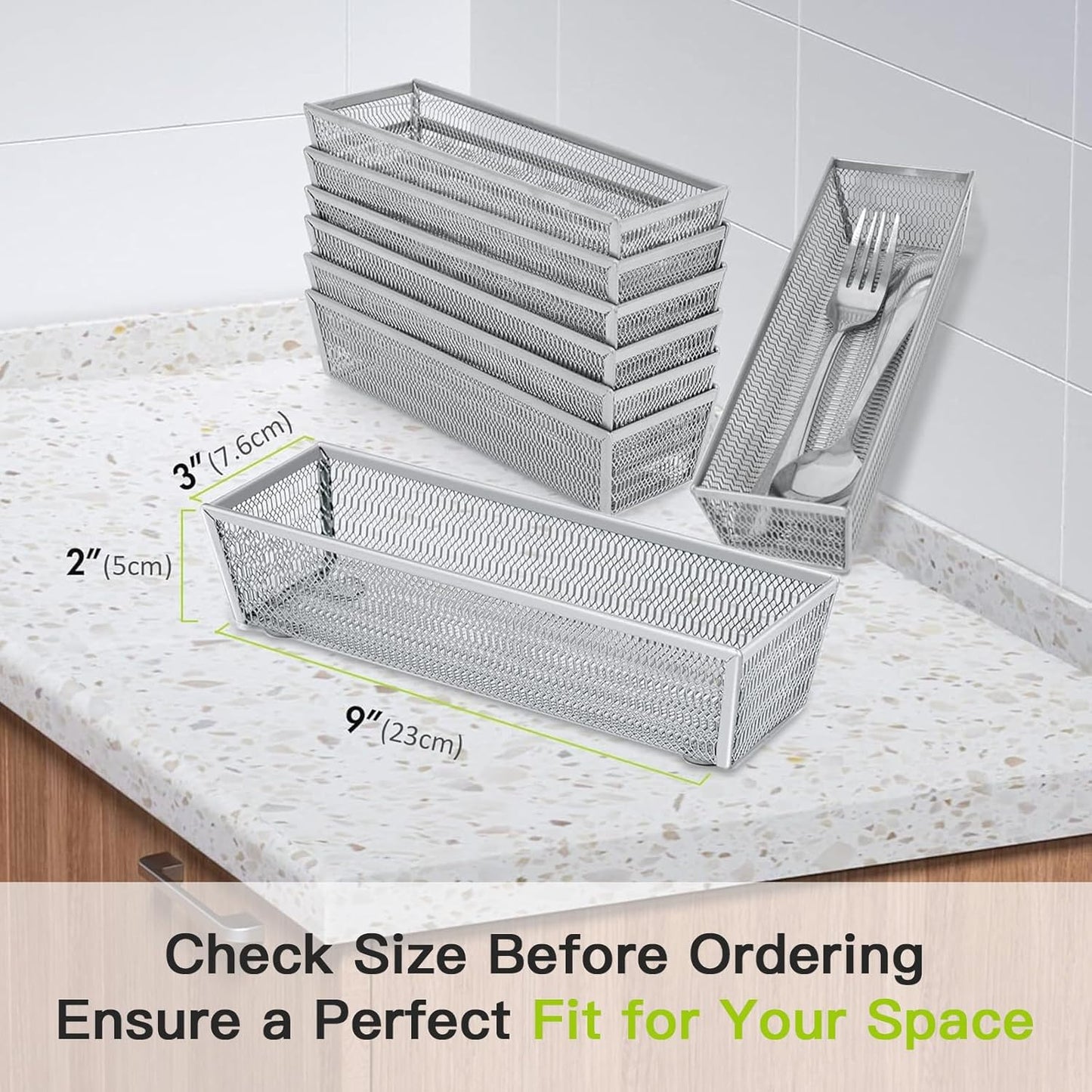 Neudeco Drawer Organizer Set 6 Pack - 5-Compartment Silverware Organizer Tray + 5 Utensil Trays, Kitchen Drawer Organizer for Flatware, Cutlery, Office Supplies, Black Mesh, Non-Slip.