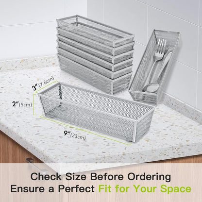 Neudeco Drawer Organizer Set 6 Pack - 5-Compartment Silverware Organizer Tray + 5 Utensil Trays, Kitchen Drawer Organizer for Flatware, Cutlery, Office Supplies, Black Mesh, Non-Slip.