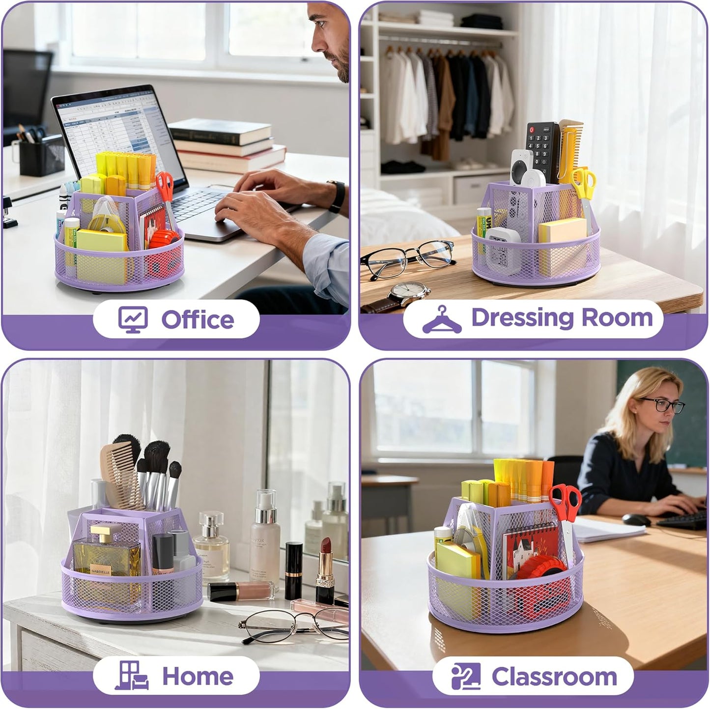 Docnest Mesh 360 Degree Rotating Pen Holder with 6 Compartment,Metal Pencil Cup Art Supply Storage Box Caddy,Teacher Stationery and Dorm Supplies Desk Organizer for Pencil,Sticky Note,Scissors-Pink