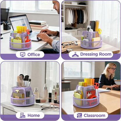 Docnest Mesh 360 Degree Rotating Pen Holder with 6 Compartment,Metal Pencil Cup Art Supply Storage Box Caddy,Teacher Stationery and Dorm Supplies Desk Organizer for Pencil,Sticky Note,Scissors-Pink
