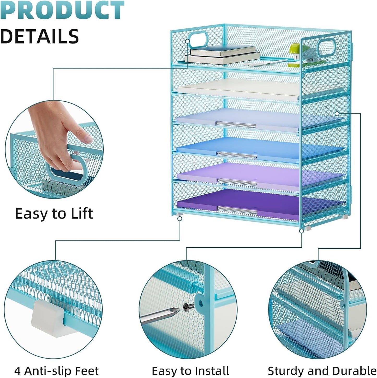 Marbrasse 6 Tier Paper Organizer Letter Tray - Mesh Desk File Organizer with Handle, Paper Sorter Organizer for Letter/A4 Office File Folder Holder - Black