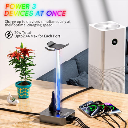 COZOO Headphone Stand with USB Charger Desktop Gaming Headset Holder Hanger with 3 USB Charging Station and 2 Outlets Power Strip,Suitable for Gaming, DJ,Wireless Earphone Display, Gamer Gifts for Men