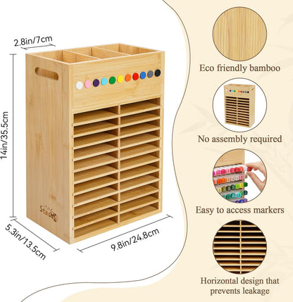 Marker Organizer for Desk - 154 Capacity Wooden Marker Holder - Ergonomic Handles - Additional Art Supply Storage Rack for 130 Alcohol Markers, Pens, and Pencils - Desktop Stand for Markers - Bamboo