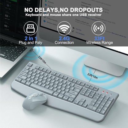 Wireless Keyboard and Mouse Combo, 2.4G Full Size Wave Keys Ergonomic Keyboard with Wrist Rest and 3-Level DPI Adjustable Wireless Ergonomic Mouse for Windows, Mac OS Desktop/Laptop/PC(Black)