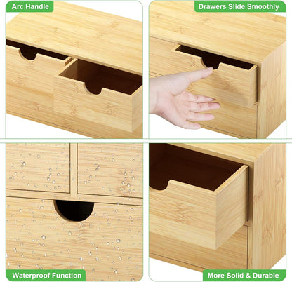 Bamboo Desk Organizer with Drawers - Small Desktop Storage Container for Countertop & Tabletop - No Assembly Required