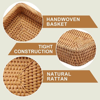 Hipiwe Key Basket Tray for Entryway Table Rattan Serving Tray Handwoven Wicker Baskets Vanity Trays Square Decorative Fruit Trays for Kitchen Counter Bedside Living Room Bathroom, 8.1"