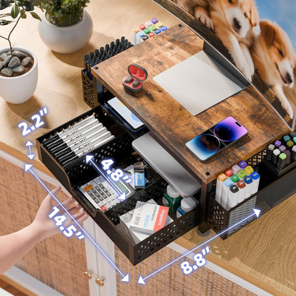 Simple Trending Desk Organizers and Accessories, Computer Monitor Stand Riser with Drawer and 2 Pen Holders, 2-Tier Computer Rack for Home Office, Wood