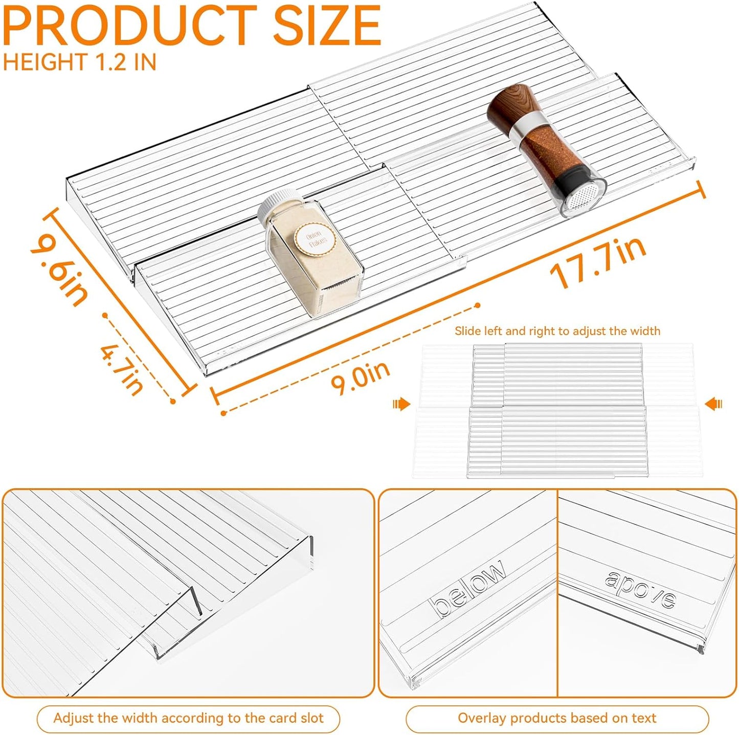 Yieach 4 Pack Adjustable Narrow Spice Rack for Drawer - Expandable From 9" to 17.7" - Acrylic Drawer Seasoning Organizer,Tiered Clear Spice Tray for Spices,Condiment,Nail Polish and Jar Organization