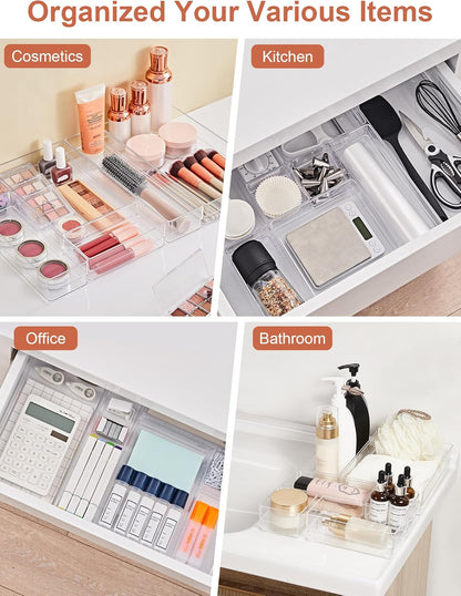 SMARTAKE 20-Piece Drawer Organizer with Non-Slip Silicone Pads, 7-Size Desk Drawer Organizer Trays Storage Tray for Makeup, Jewelries, Utensils in Bedroom Dresser, Office and Kitchen (Clear)