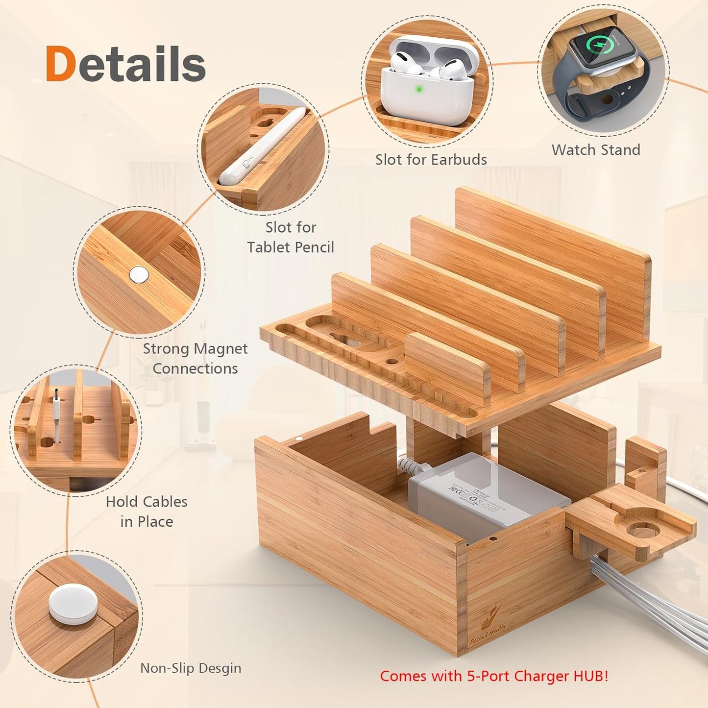 Pezin & Hulin Bamboo Charging Station Holder with 5 Port USB Charger, 5 x Charge Cables, Watch Stand, Wood Docking Stand Electronic Organizer for Multiple Devices, Phones, Tablets and More