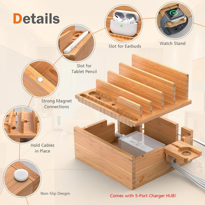Pezin & Hulin Bamboo Charging Station Holder with 5 Port USB Charger, 5 x Charge Cables, Watch Stand, Wood Docking Stand Electronic Organizer for Multiple Devices, Phones, Tablets and More