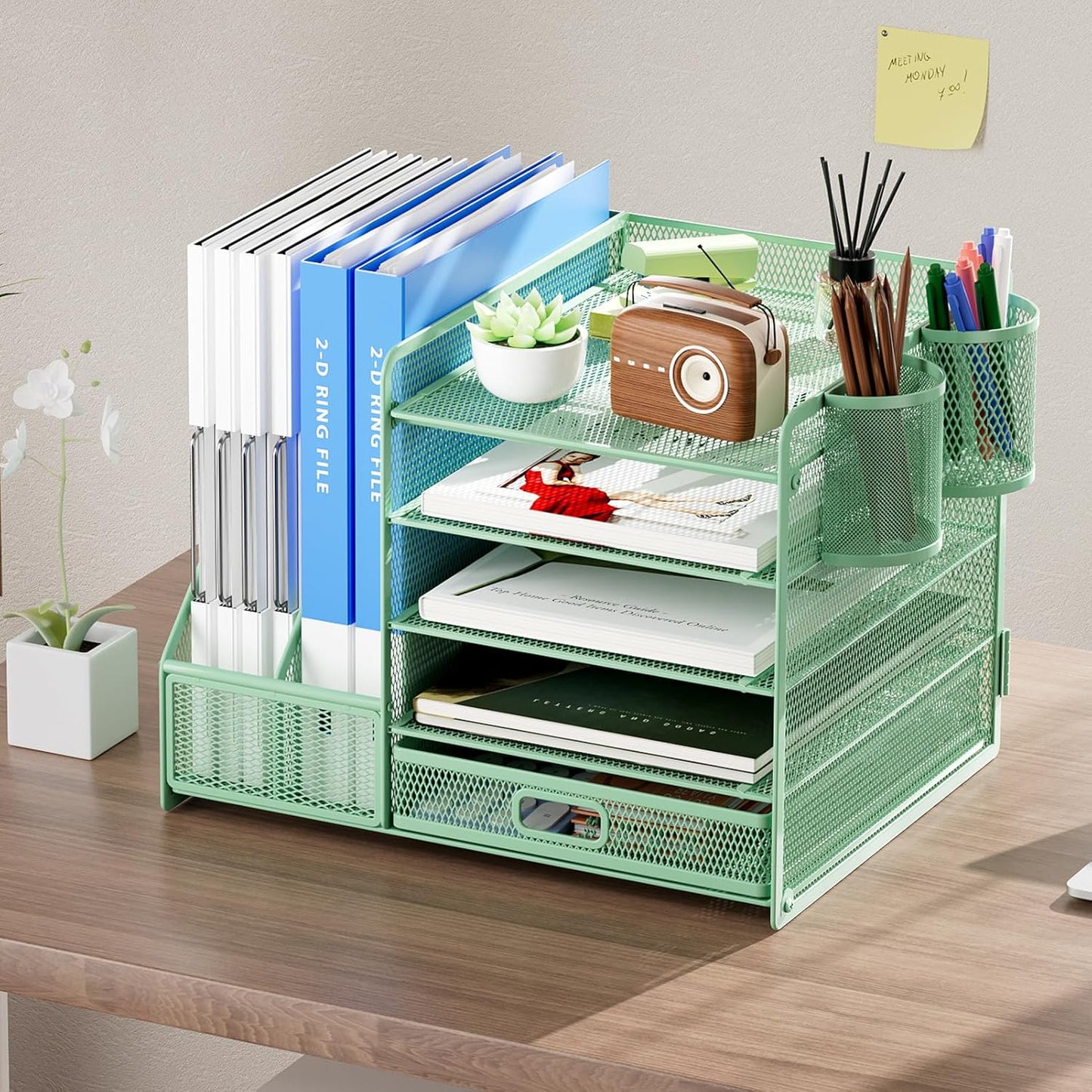 Marbrasse Desk Organizer with File Holder, 5-Tier Paper Letter Tray Organizer with Drawer and 2 Pen Holder, Mesh Desktop Organizer and Storage with Magazine Holder for Office Supplies(Black)