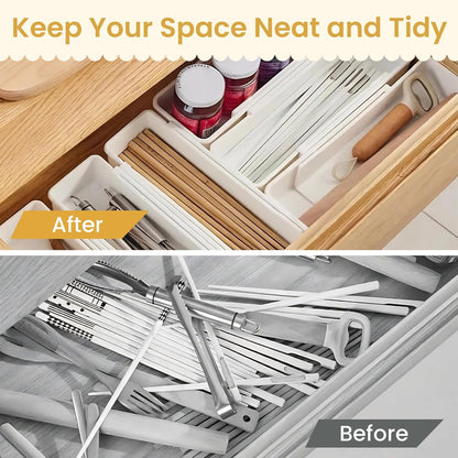 Drawer Organizers Set | 4-Pack Expandable Drawer Dividers for Bedroom, Bathroom, Kitchen & Office | Plastic Drawer Trays with Adjustable Length (White)