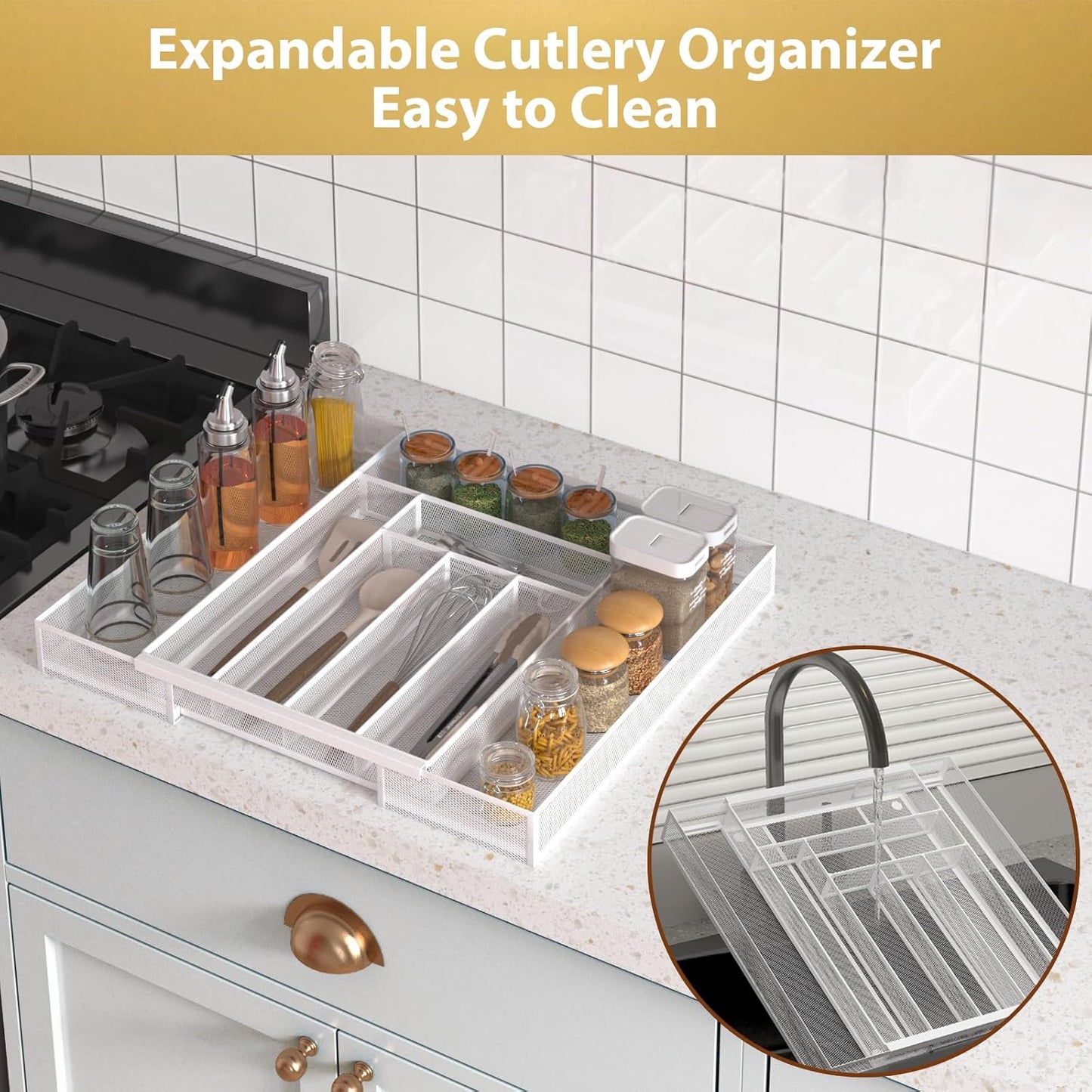 Sedegn Silverware Organizer Metal Mesh, Small Drawer Organizer, Utensil Cutlery Tray for kitchen drawers, Flatware Organizer with 5 Compartment, Black(9.3"*12.6")